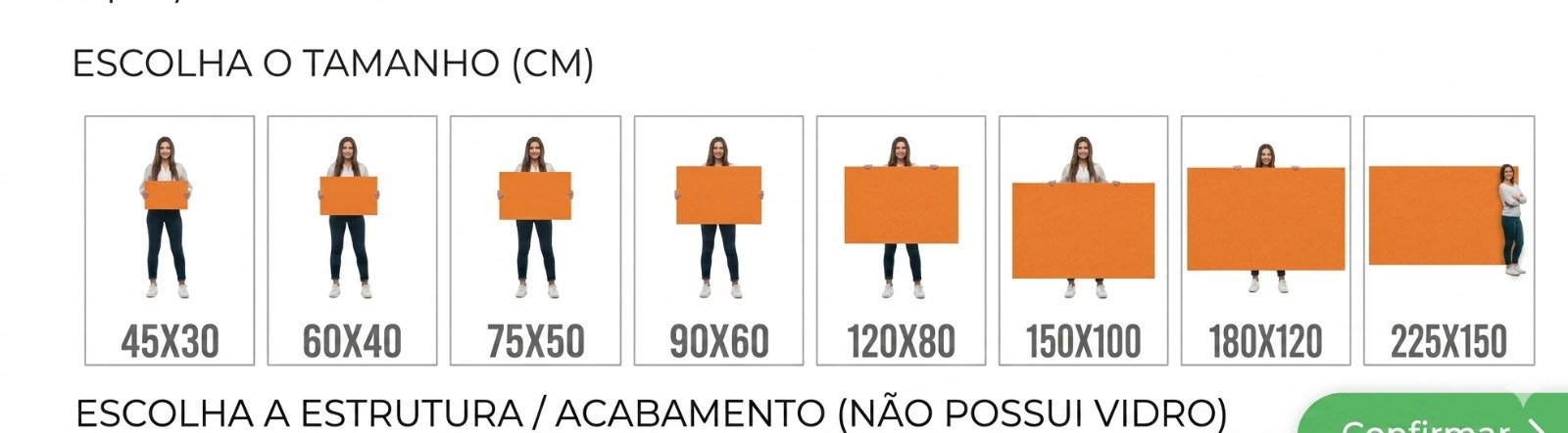 Guia de tamanhos disponíveis